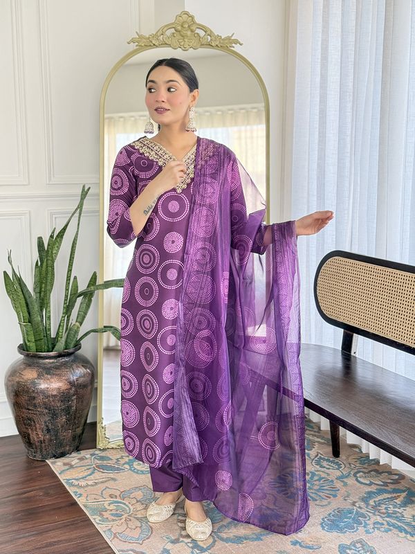 Purple Embroidered Rayon Kurti Pant Dupatta Set