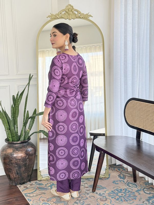 Purple Embroidered Rayon Kurti Pant Dupatta Set