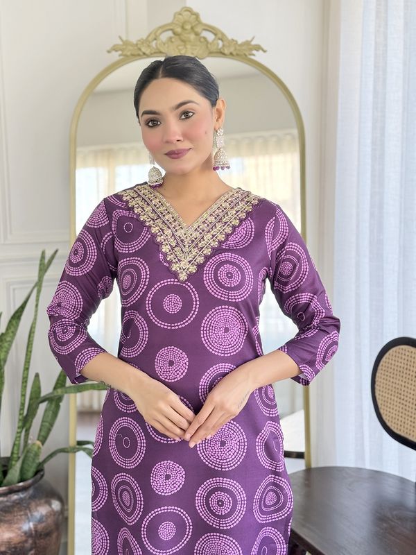 Purple Embroidered Rayon Kurti Pant Dupatta Set