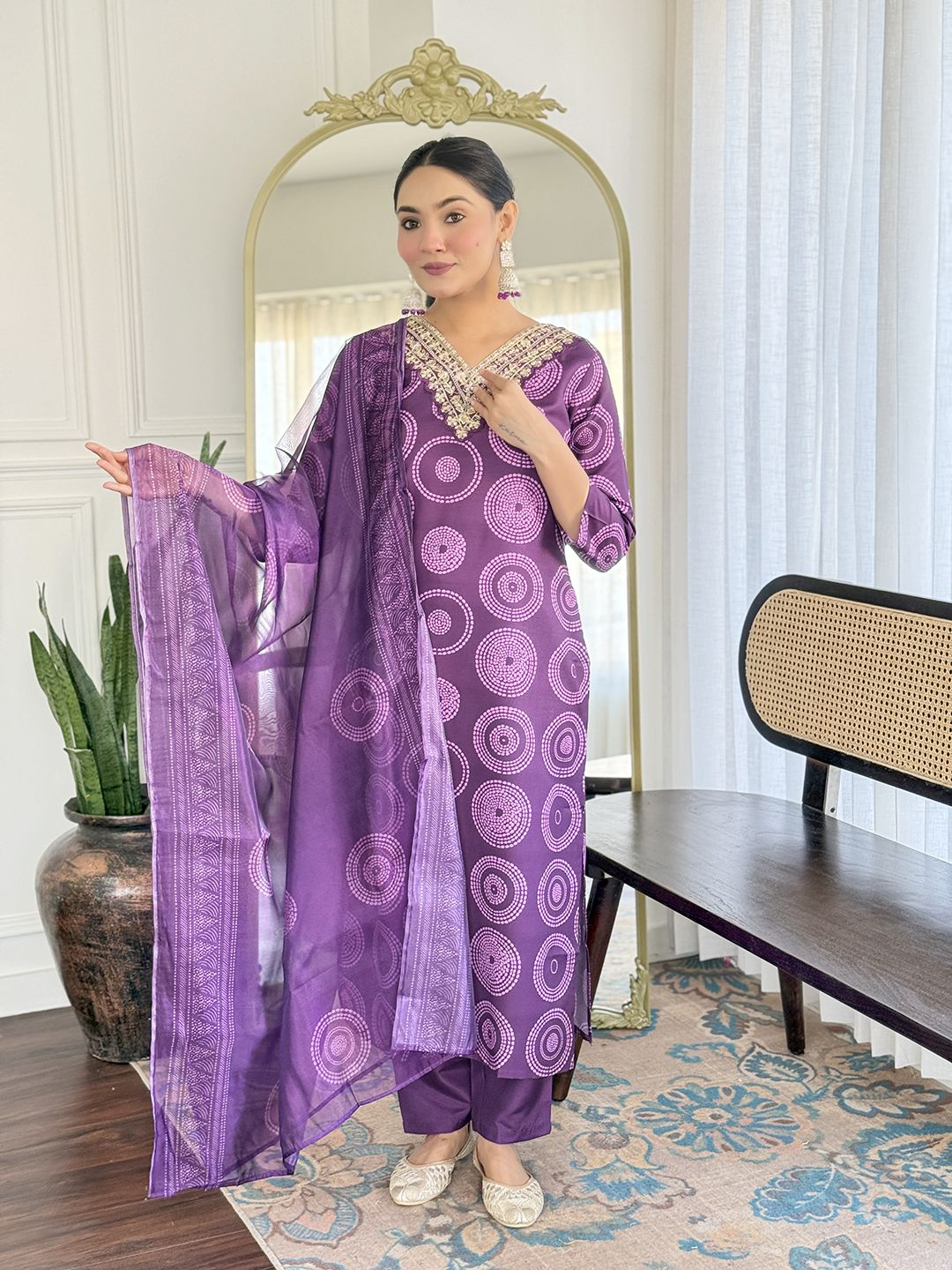 Purple Embroidered Rayon Kurti Pant Dupatta Set