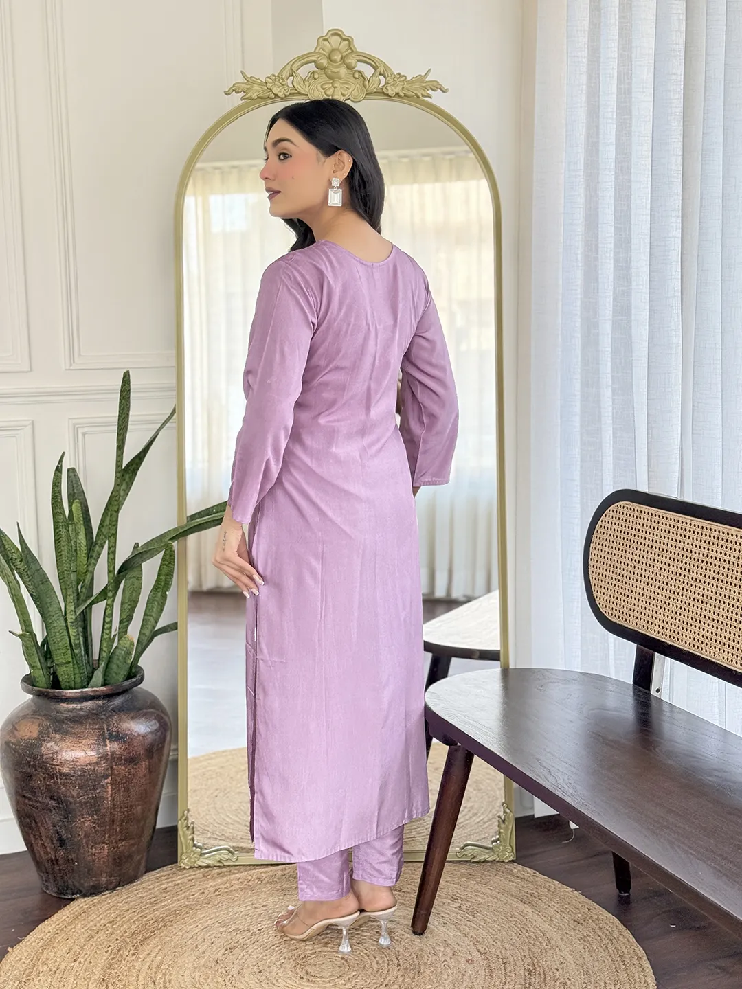 Lavender Embroidered Kurti Pant Dupatta Set Online