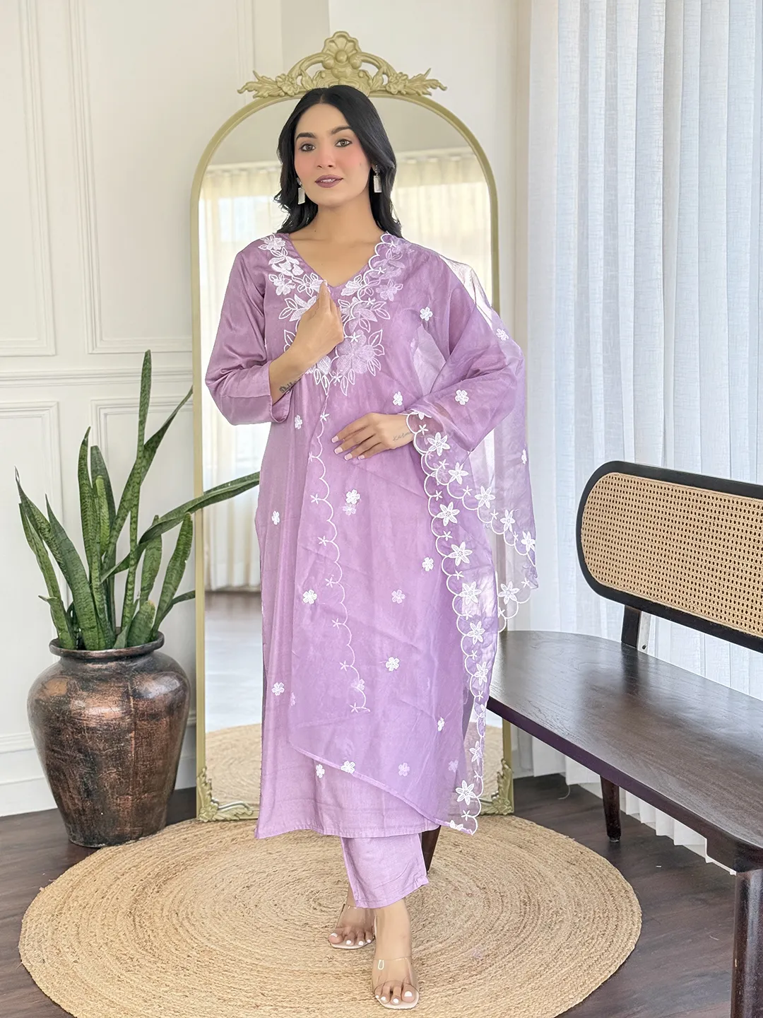 Lavender Embroidered Kurti Pant Dupatta Set Online