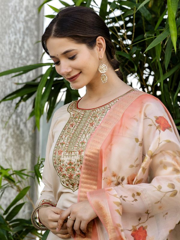 Chiku Embroidered Kurti Pant Dupatta Set Online