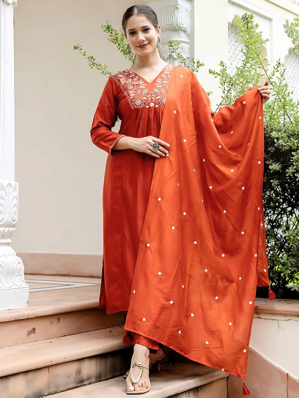 Rust Embroidered Kurti Pant Dupatta Set Online