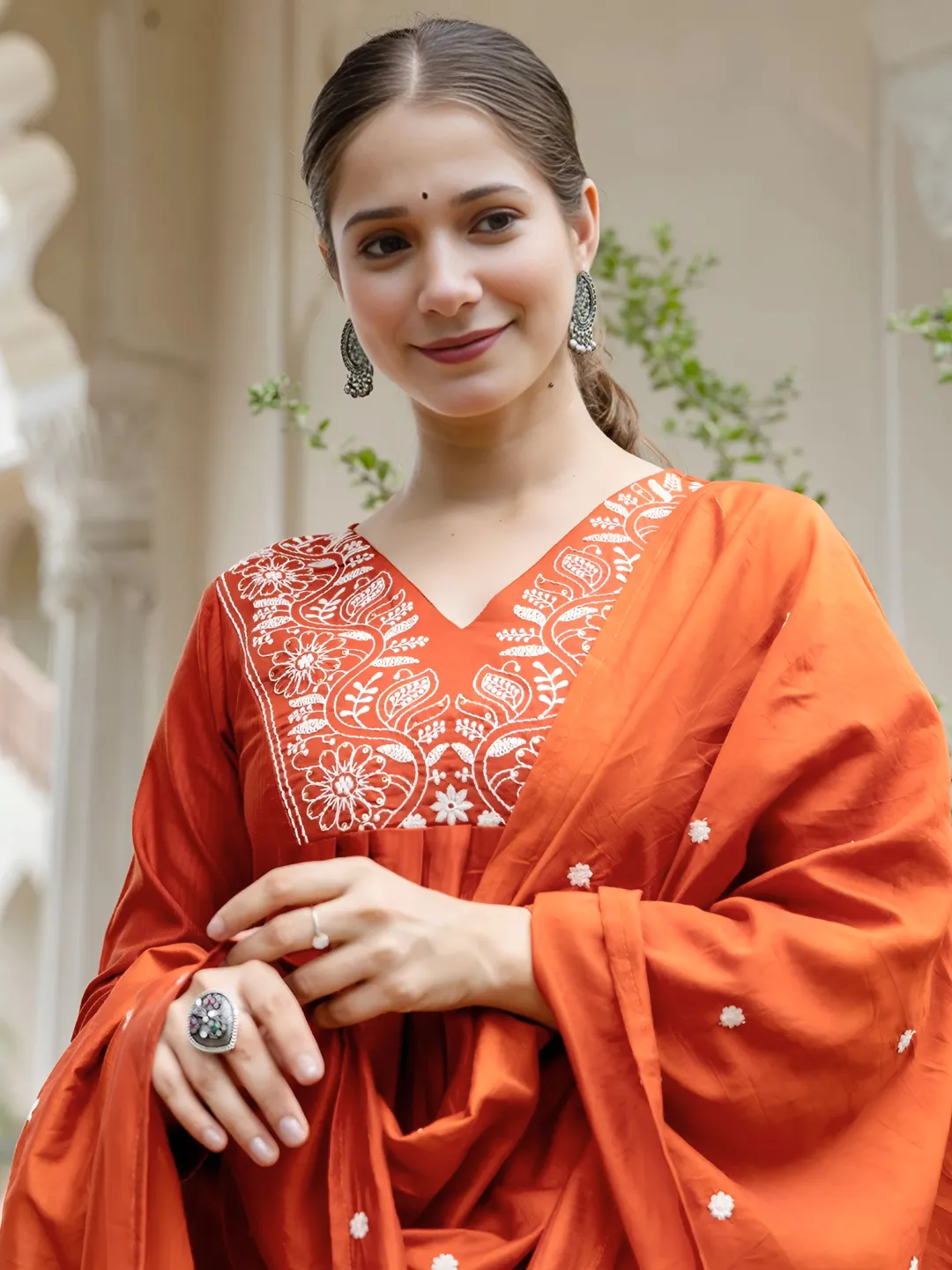 Rust Embroidered Kurti Pant Dupatta Set Online