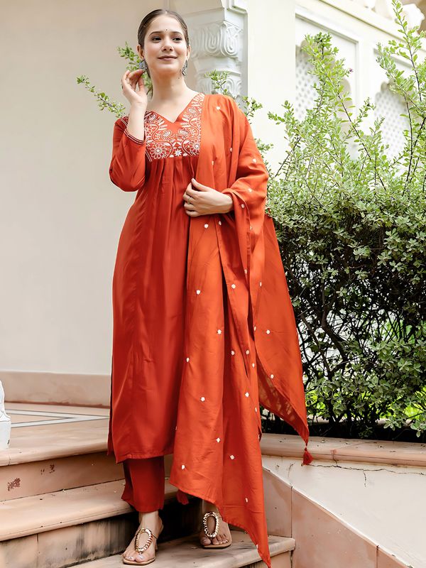 Rust Embroidered Kurti Pant Dupatta Set Online