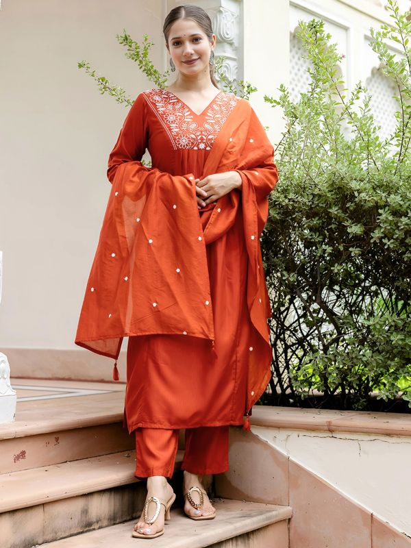 Rust Embroidered Kurti Pant Dupatta Set Online