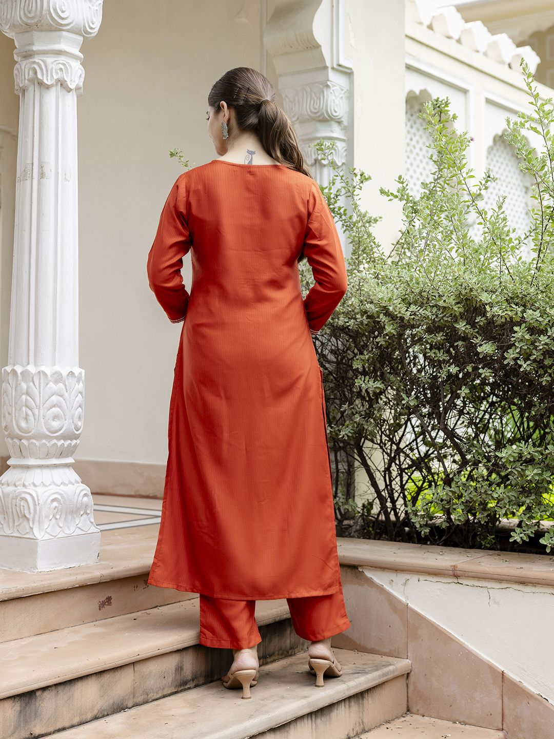 Rust Embroidered Kurti Pant Dupatta Set Online