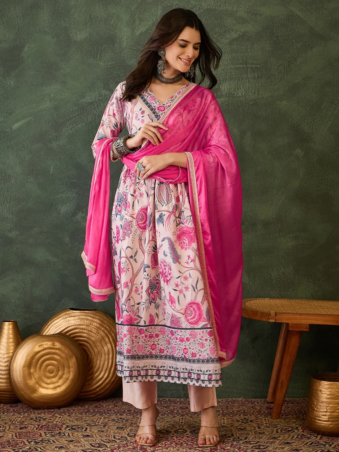 Cream Floral Print Kurti Pant Dupatta Set Online