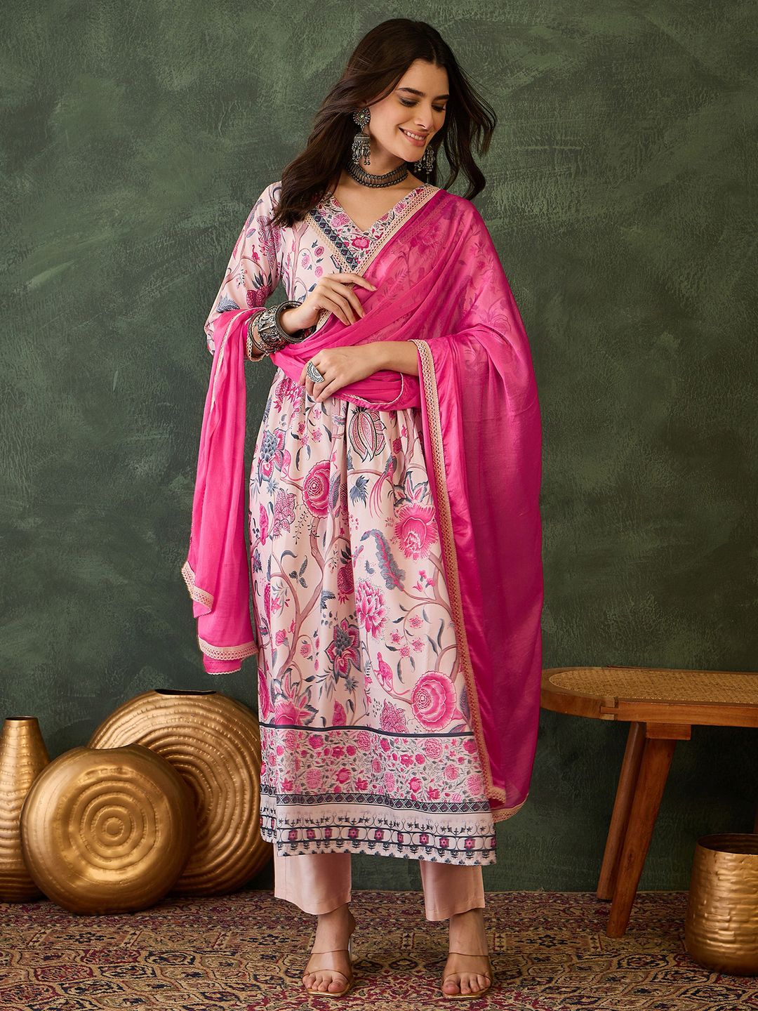 Cream Floral Print Kurti Pant Dupatta Set Online