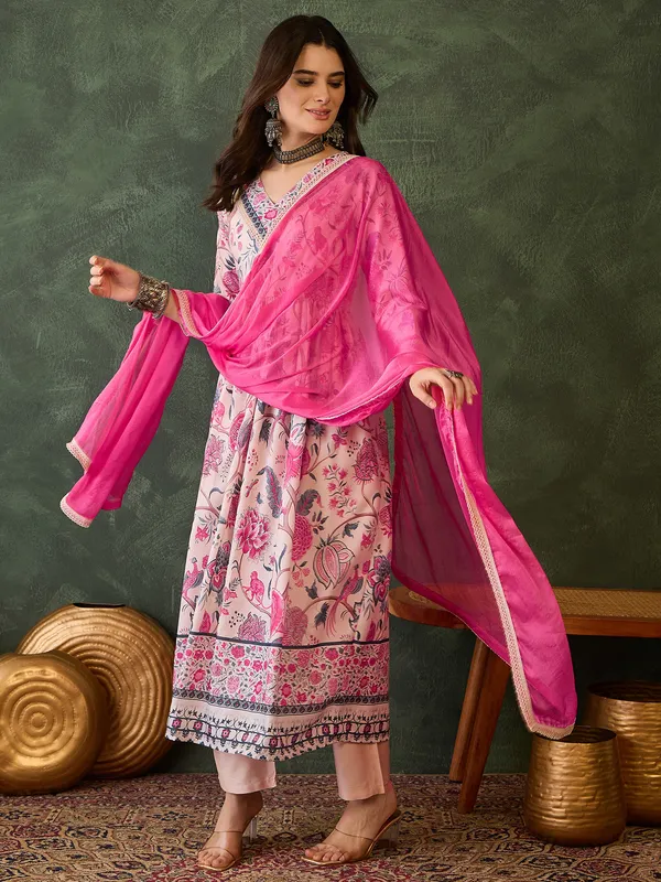 Cream Floral Print Kurti Pant Dupatta Set Online
