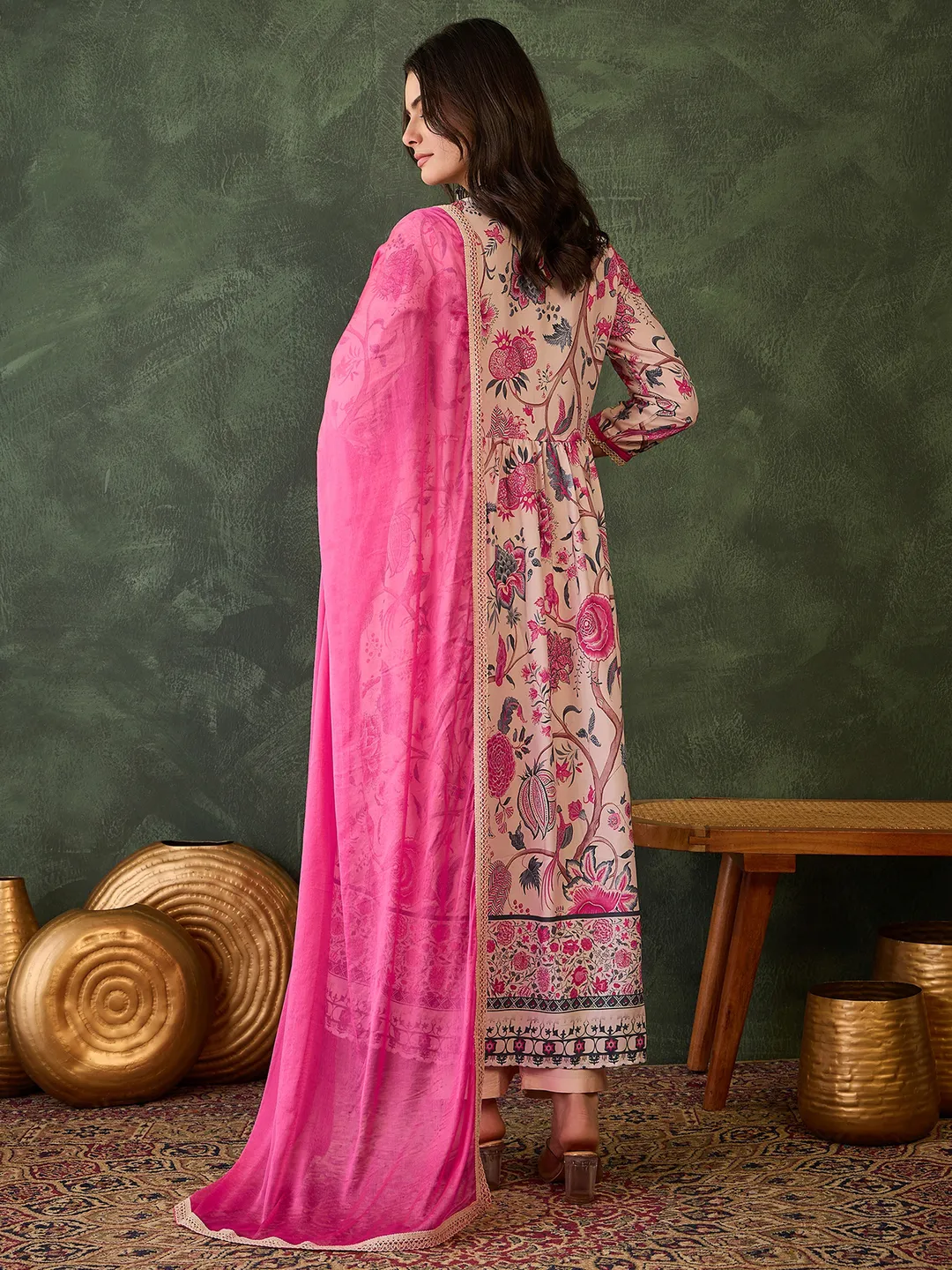 Cream Floral Print Kurti Pant Dupatta Set Online