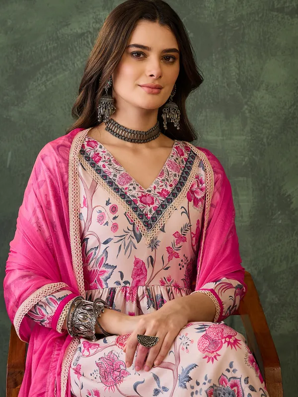 Cream Floral Print Kurti Pant Dupatta Set Online