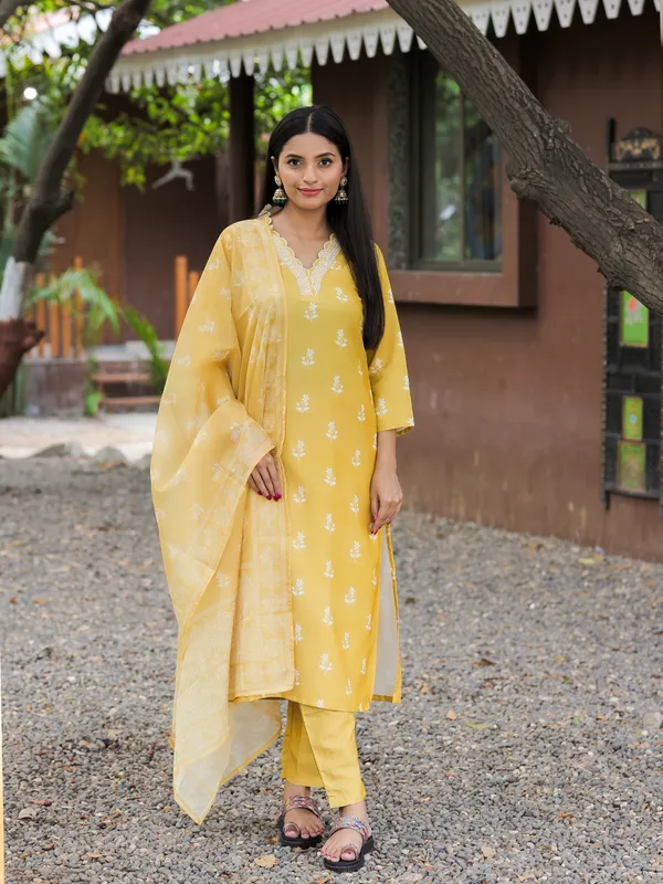 Mustard Yellow Kurti Pant Dupatta Set for Women