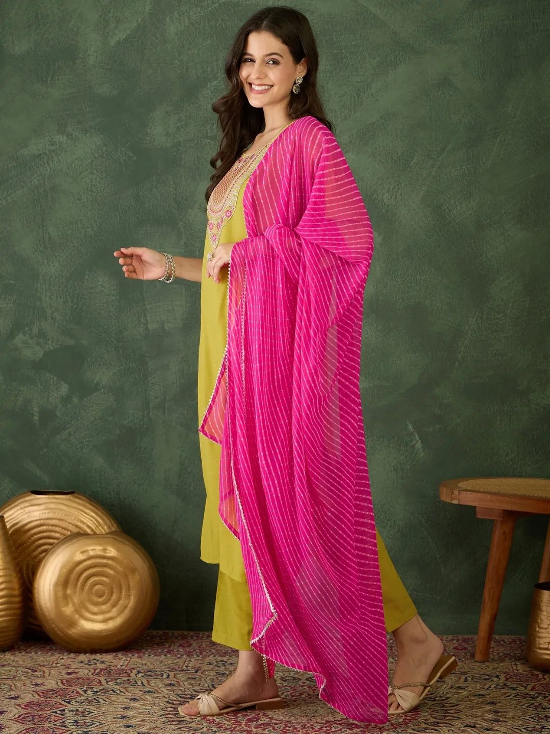 Mustard Embroidered Kurti Pant Dupatta Set Women