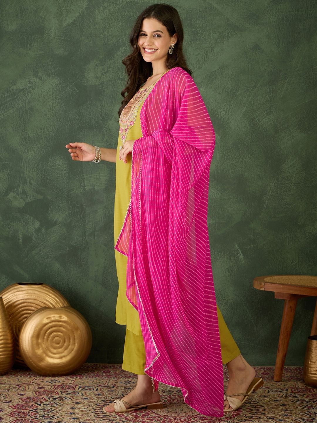Mustard Embroidered Kurti Pant Dupatta Set Women