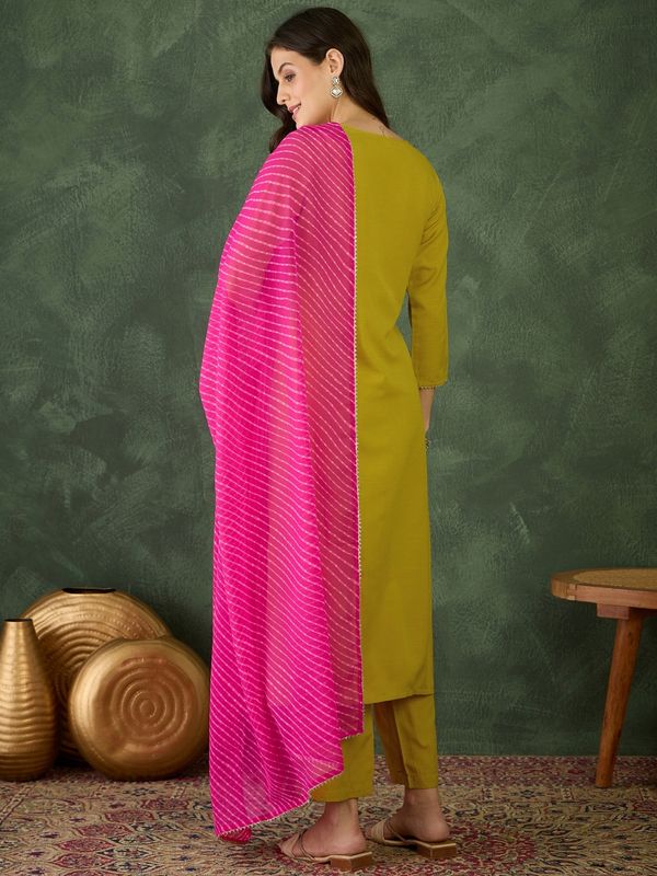 Mustard Embroidered Kurti Pant Dupatta Set Women