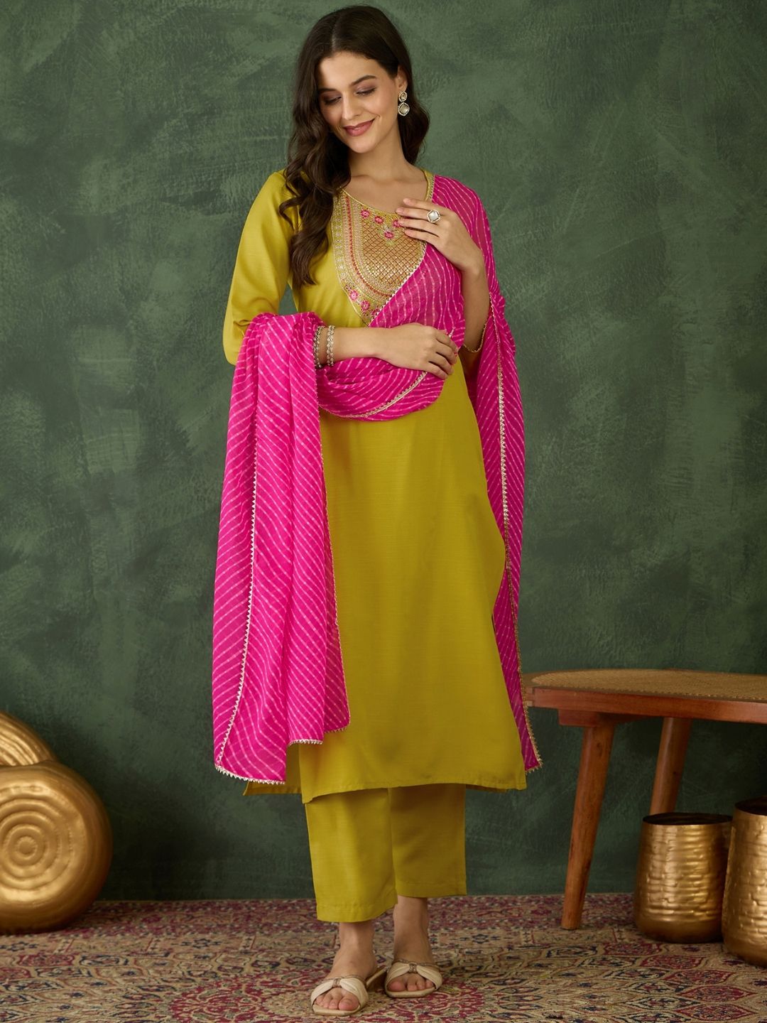 Mustard Embroidered Kurti Pant Dupatta Set Women