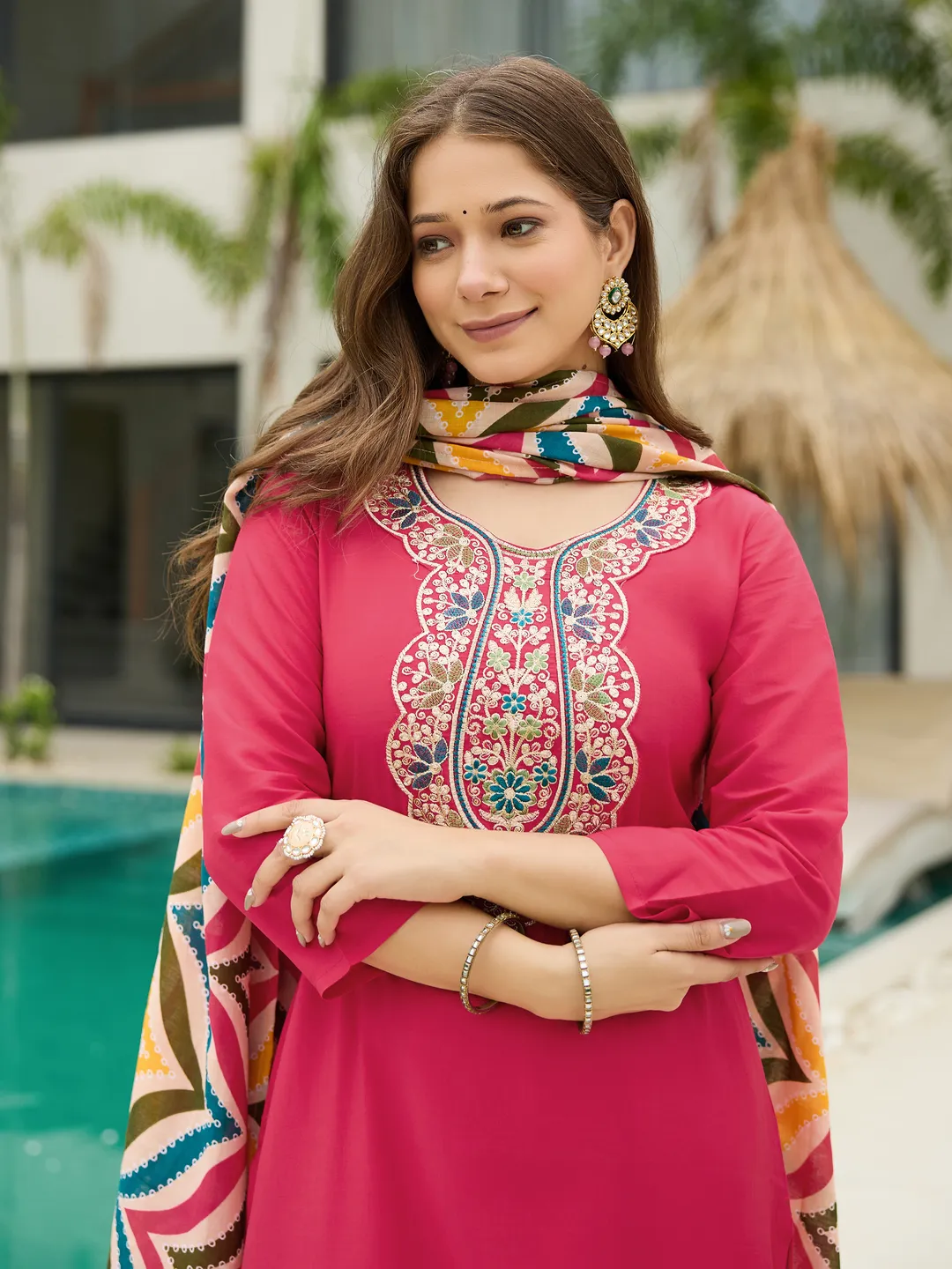 Gajri Embroidered Kurti Pant Dupatta Set Women