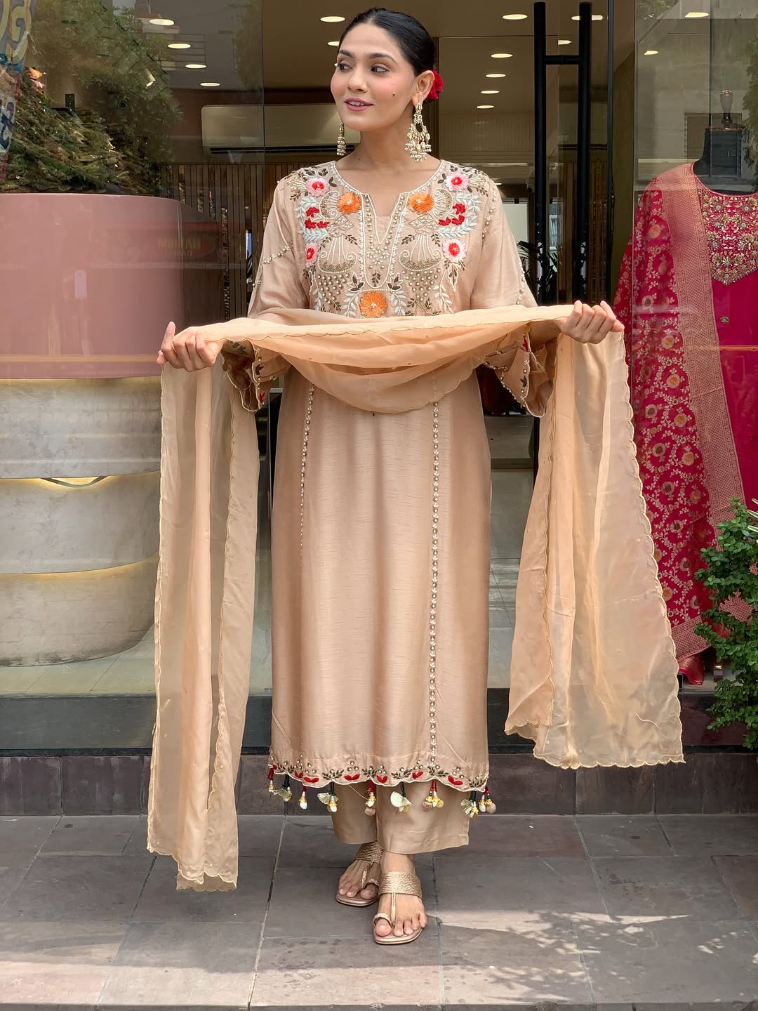 Embroidered cream chanderi salwar suit for festive