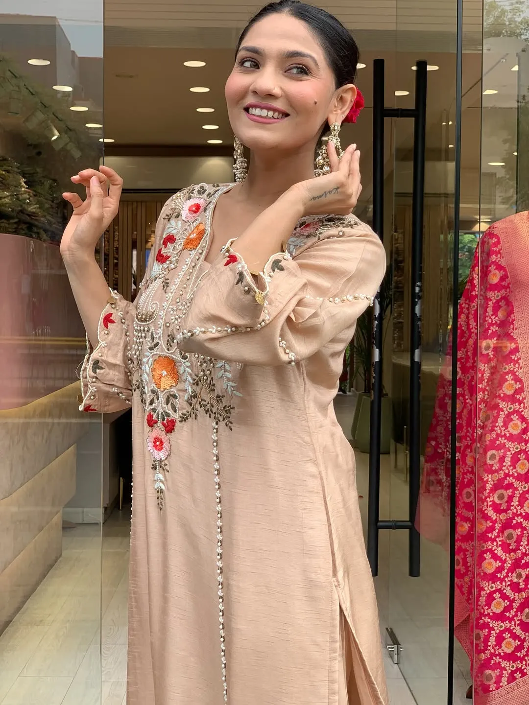 Cream Chanderi Embroidered Kurta Set with Dupatta