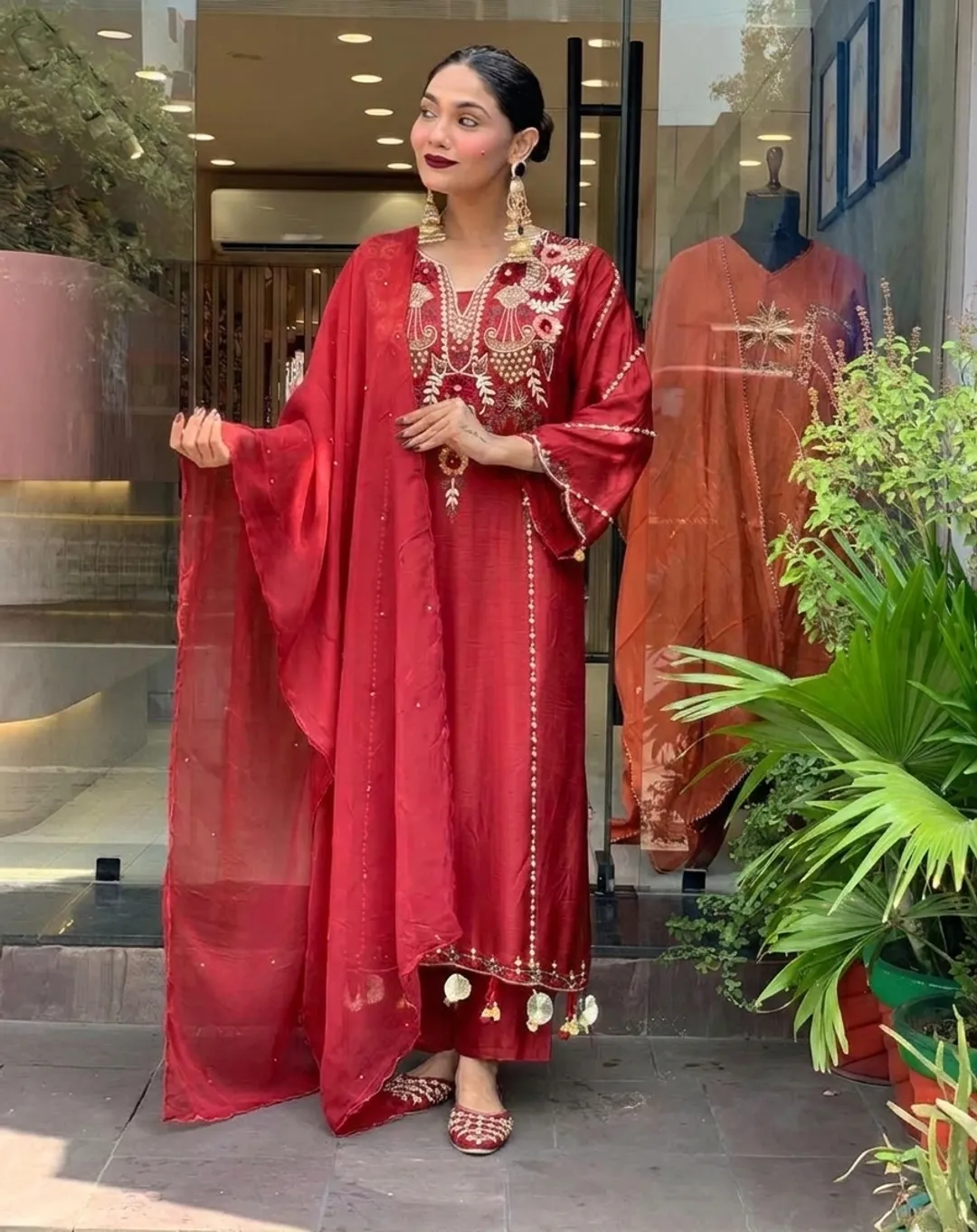 Maroon Chanderi Embroidered Kurta Set with Dupatta