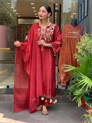Maroon Chanderi Embroidered Kurta Set with Dupatta