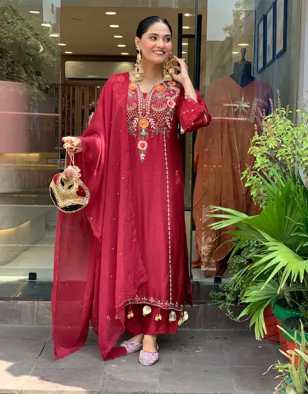 Maroon Chanderi Embroidered Kurta Set with Dupatta