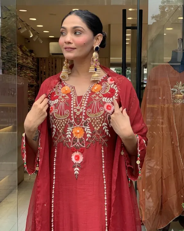 Maroon Chanderi Embroidered Kurta Set with Dupatta