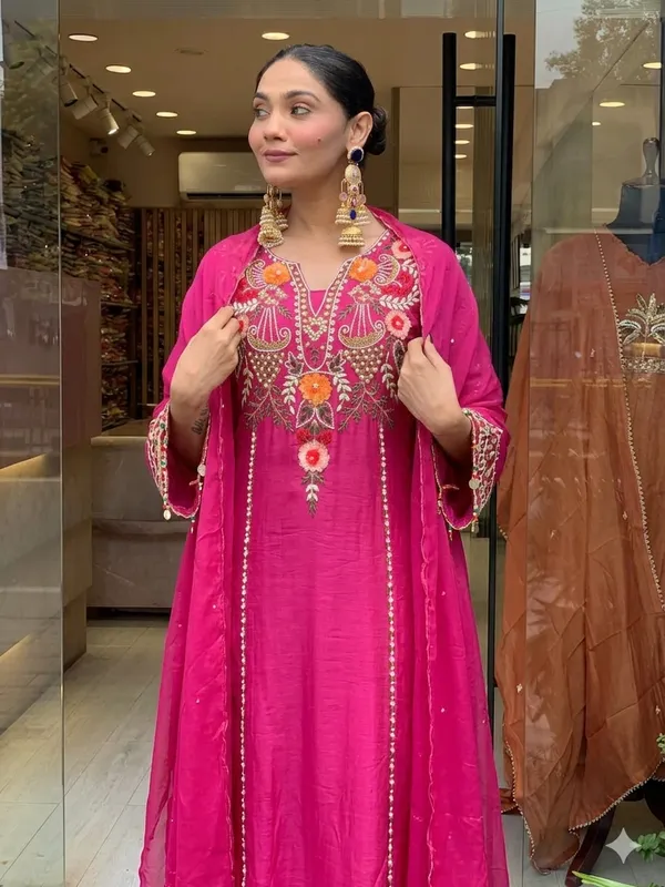 Rani Pink Chanderi Embroidered Kurta Set Dupatta