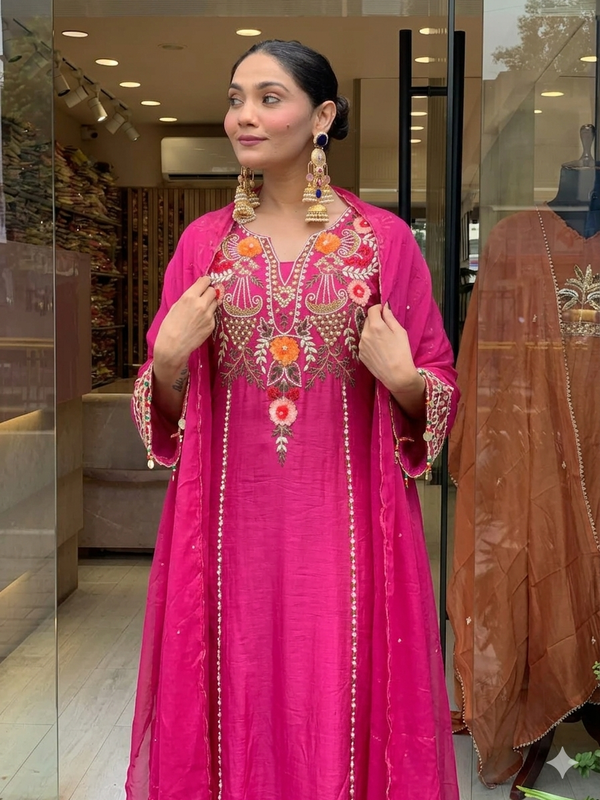 Rani Pink Chanderi Embroidered Kurta Set Dupatta