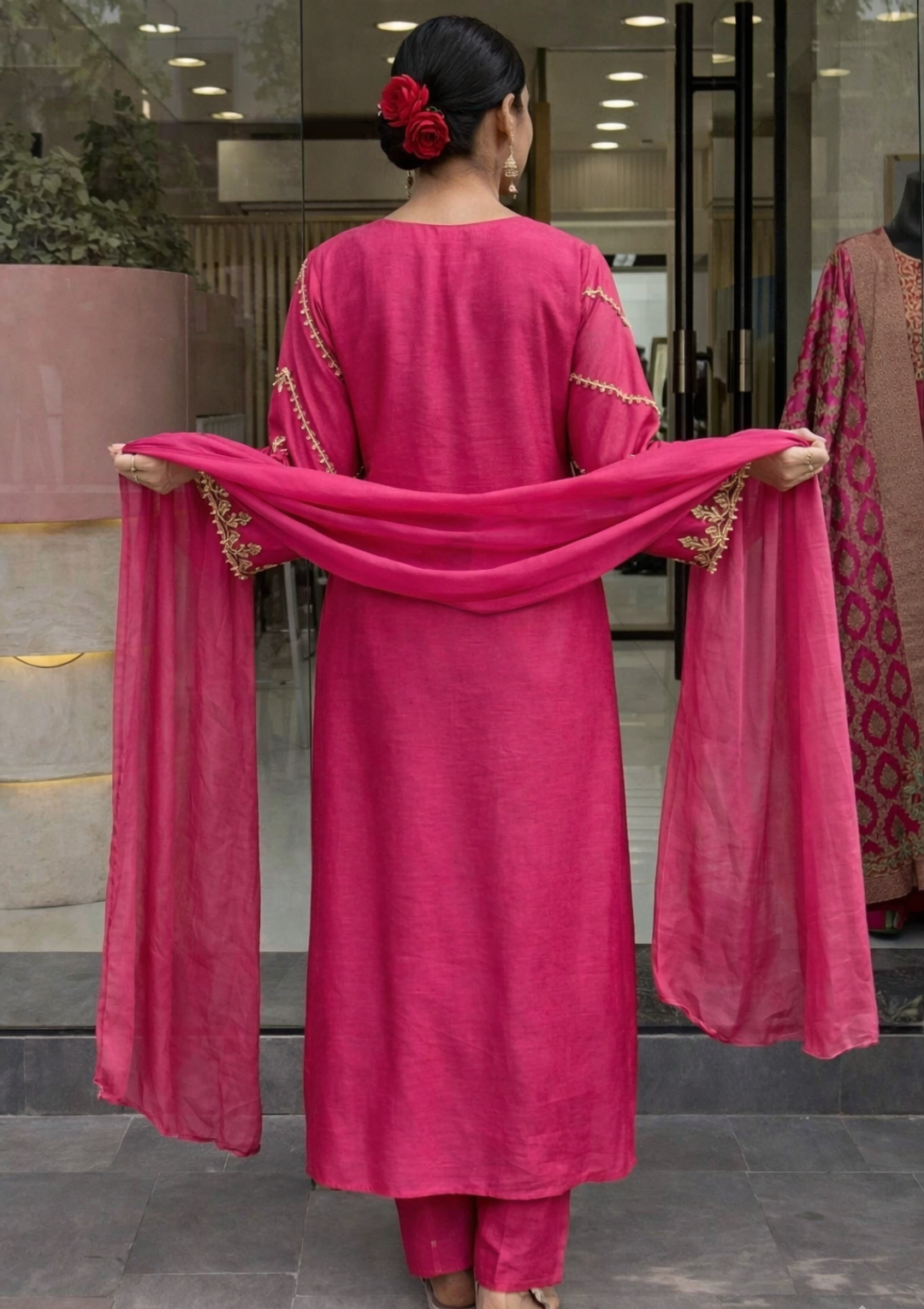 Rani Pink Chanderi Embroidered Kurta Set Dupatta