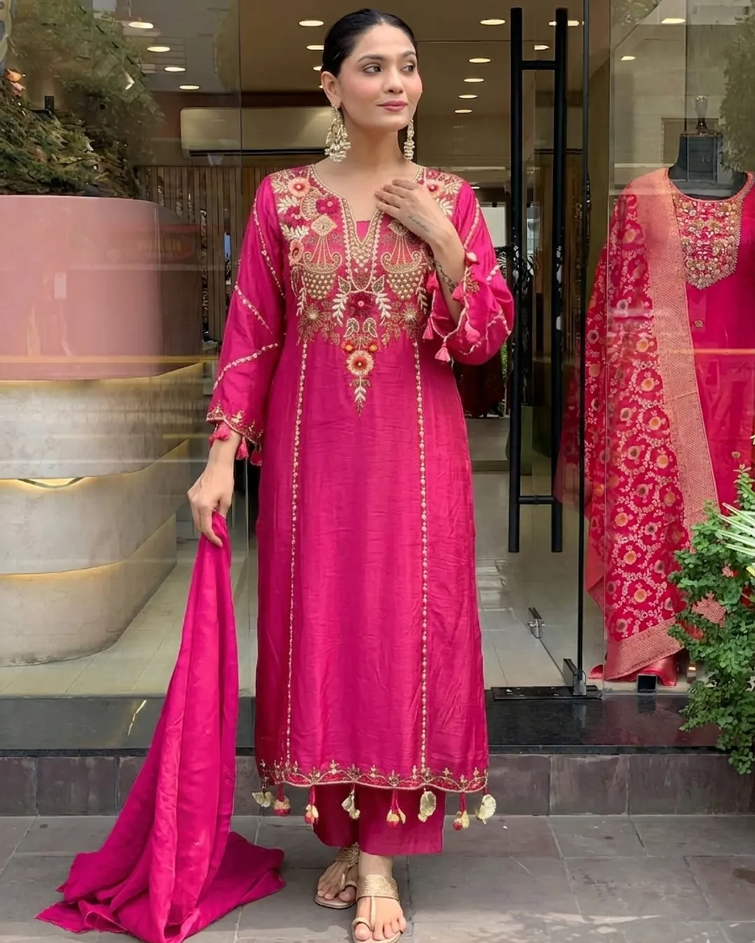 Rani Pink Chanderi Embroidered Kurta Set Dupatta