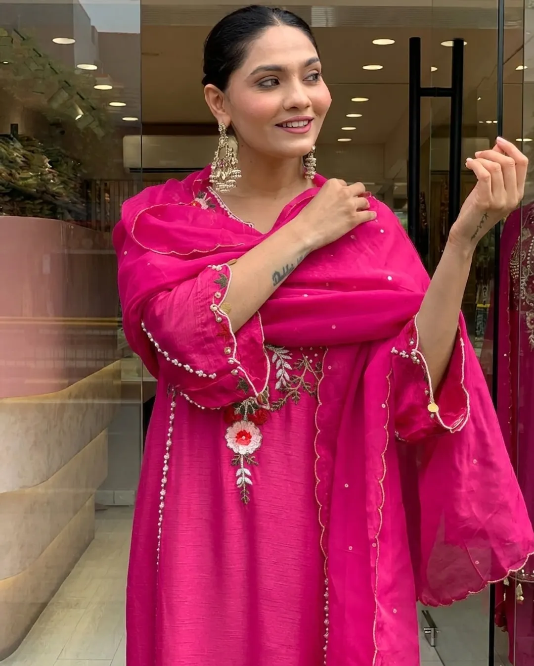 Rani Pink Chanderi Embroidered Kurta Set Dupatta