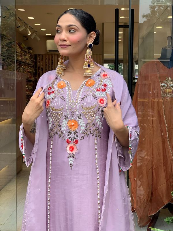 Lavender Chanderi Embroidered Kurta Set with Dupatta