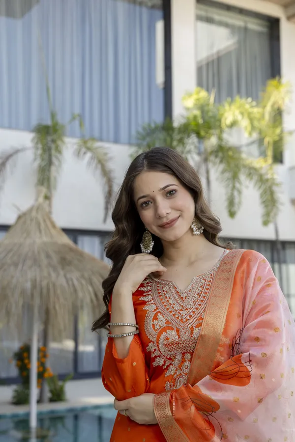 Orange Jacquard Embroidered Kurta Set with Organza Dupatta