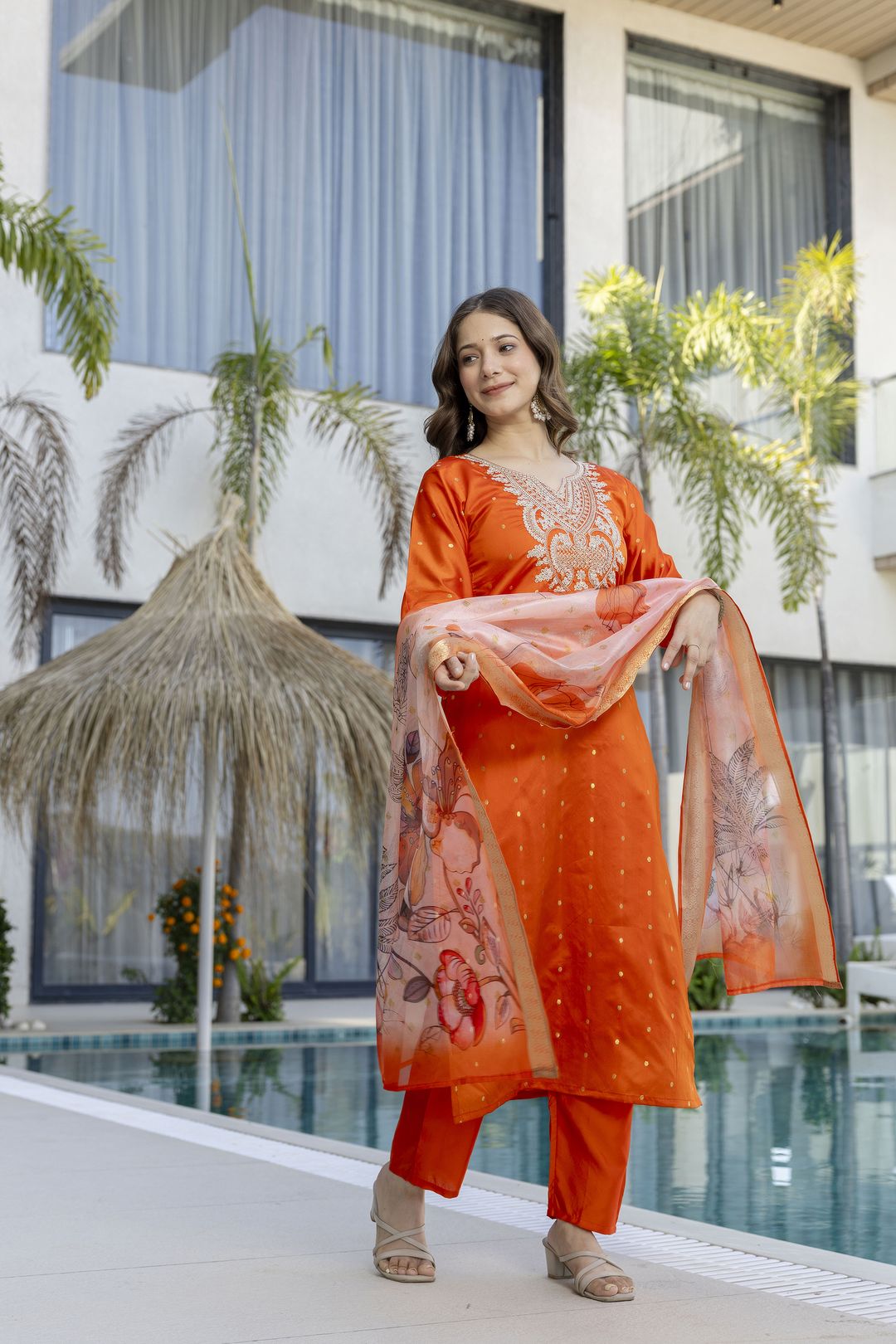 Orange Jacquard Embroidered Kurta Set with Organza Dupatta