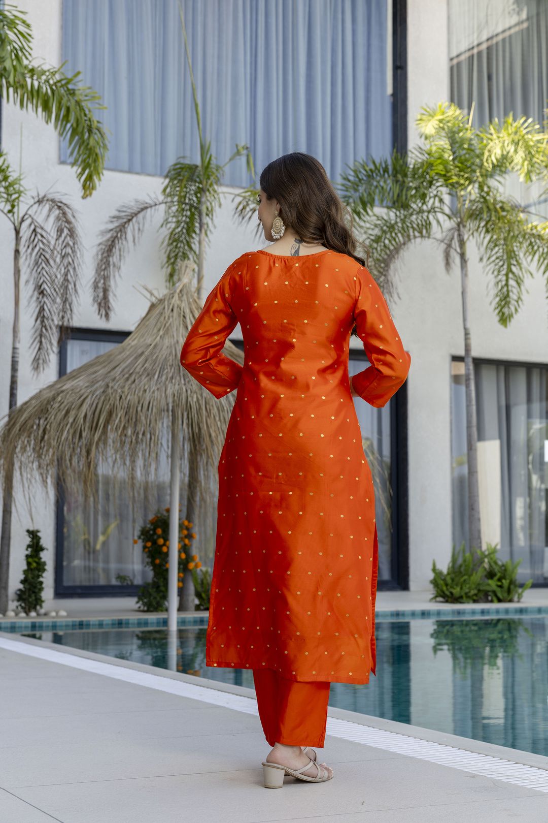 Orange Jacquard Embroidered Kurta Set with Organza Dupatta