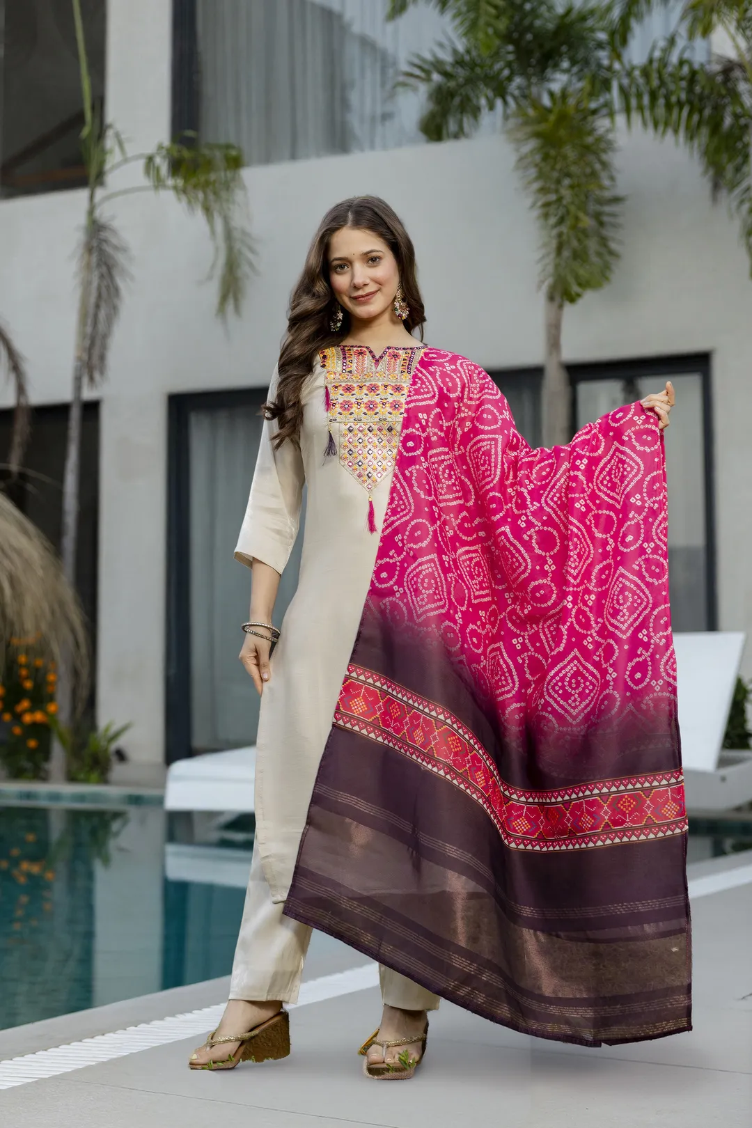 Cream Embroidered Kurta Set with Bandhani Style Dupatta
