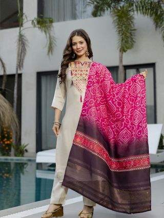 Cream Embroidered Kurta Set with Bandhani Style Dupatta