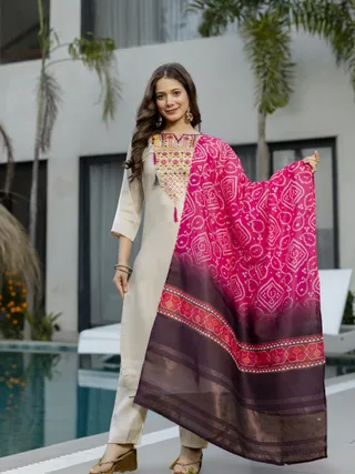 Cream Embroidered Kurta Set with Bandhani Style Dupatta