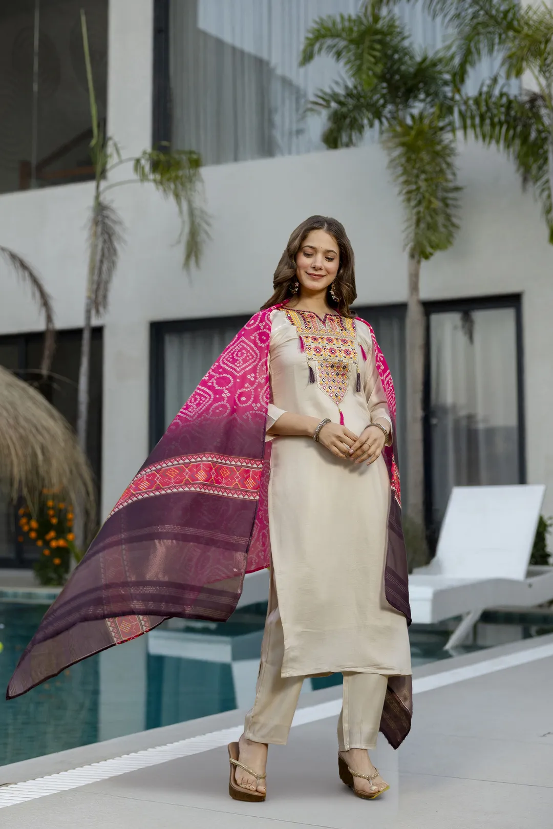 Cream Embroidered Kurta Set with Bandhani Style Dupatta