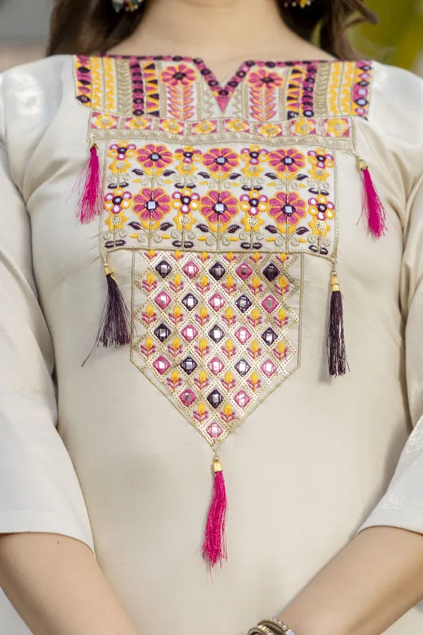 Cream Embroidered Kurta Set with Bandhani Style Dupatta