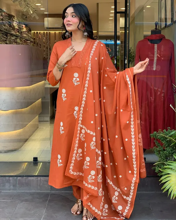 Orange Embroidered Kurti Pant Dupatta Set Online