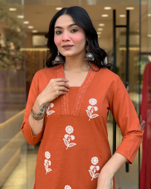 Orange Embroidered Kurti Pant Dupatta Set Online