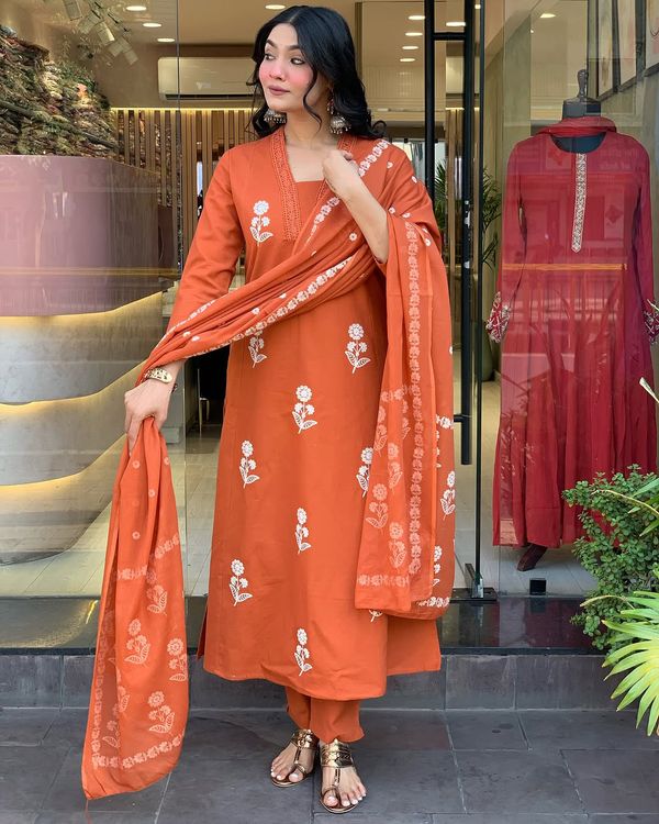 Orange Embroidered Kurti Pant Dupatta Set Online