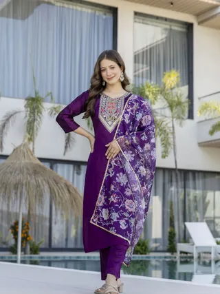 Purple Embroidered Kurti Pant with Dupatta Online
