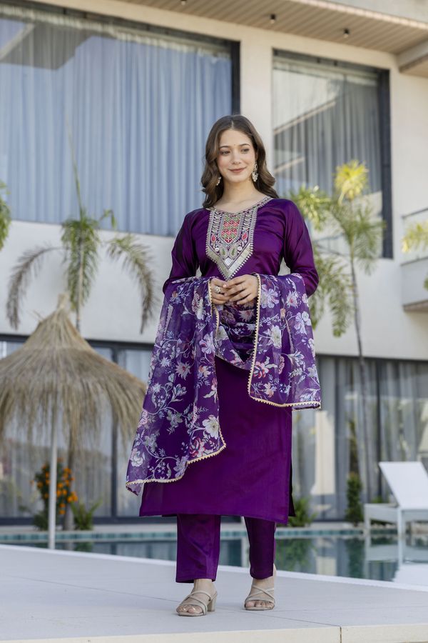 Purple Embroidered Kurti Pant with Dupatta Online