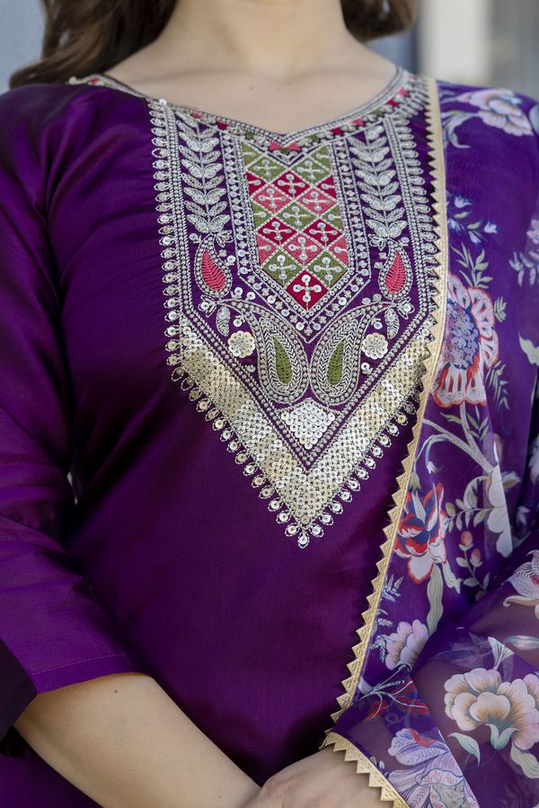 Purple Embroidered Kurti Pant with Dupatta Online