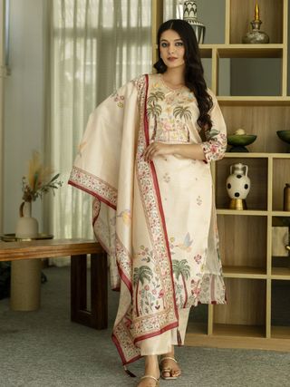 Cream Embroidered Silk Kurti Pant with Designer Dupatta